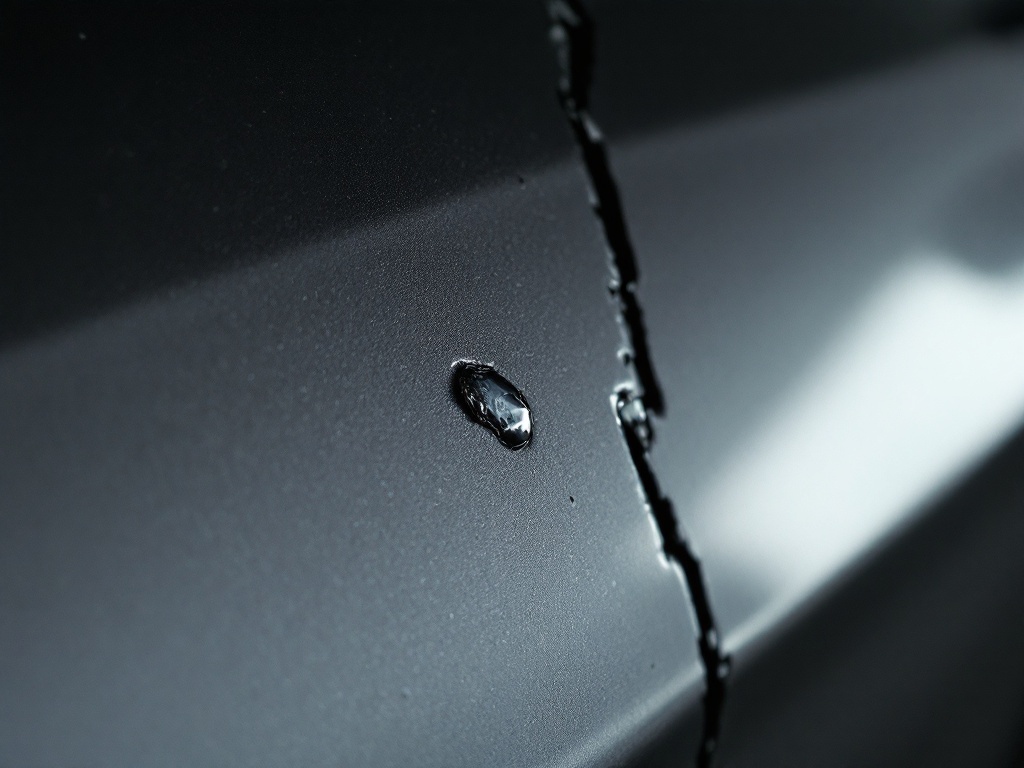 Einzelner abgegrenzter Steinschlag auf dunklem Autolack — typischer Spot-Repair-Kandidat